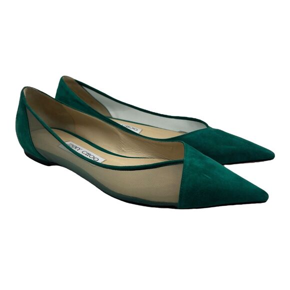 Jimmy Choo Saia Pointed-toe Mesh-panelled Suede Flats In Emerald Size 39 - Picture 2 of 15